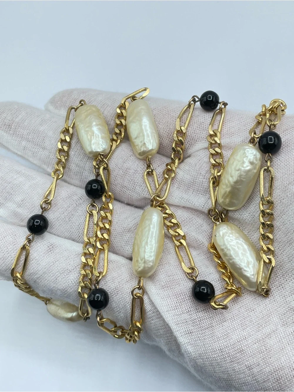 Gold Tone Faux Pearl Black Crystal Bead Long Statement Necklace